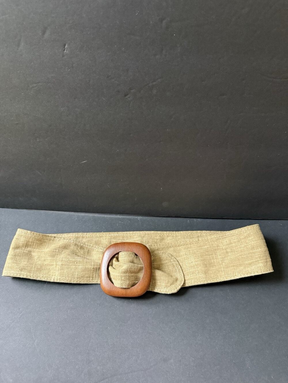 Womens Wide Fabric Wood Buckle Belt Khaki Tan One Size Boho Travel Career Casual